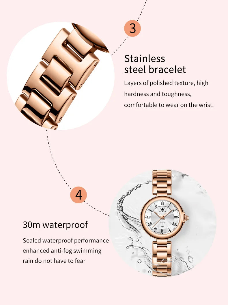 OLEVS Women's Watches Elegnat Fashion Original Quartz Wristwatch Waterproof Luminous Date Watch for Lady Trend Casual 2024 New