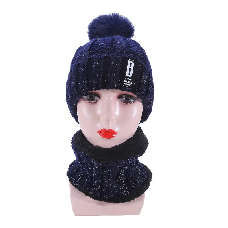 Warm Winter Skullies Beanies Knitted Hat Women Brand High Quality Winter Women Ball Ski Wool Fur Hat Pompoms Hats Knitted Scarf