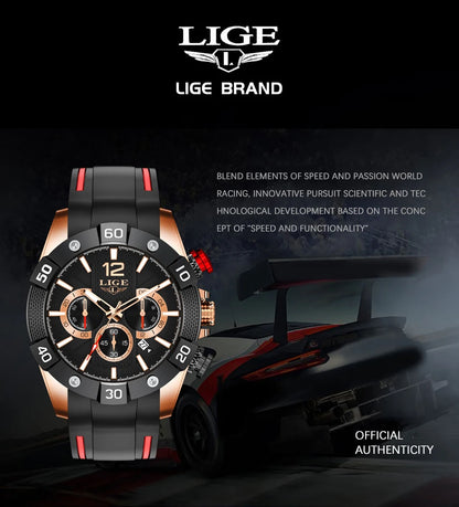 LIGE New Fashion  Man Watch Top Brand Luxury Clocks Casual Sports Silicone Strap Chronograph Waterproof Quartz Male Watches Date