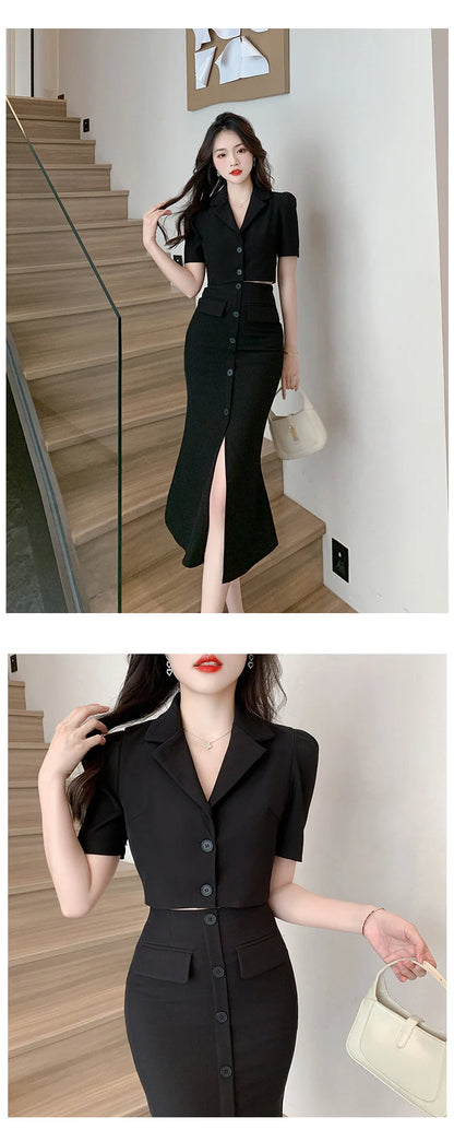 Elegant Formal 2 Pieces Outfits Women Professional Cropped Short Tops Shirt Blouse Slit Midi Skirt Sets Mujer Business Clothes