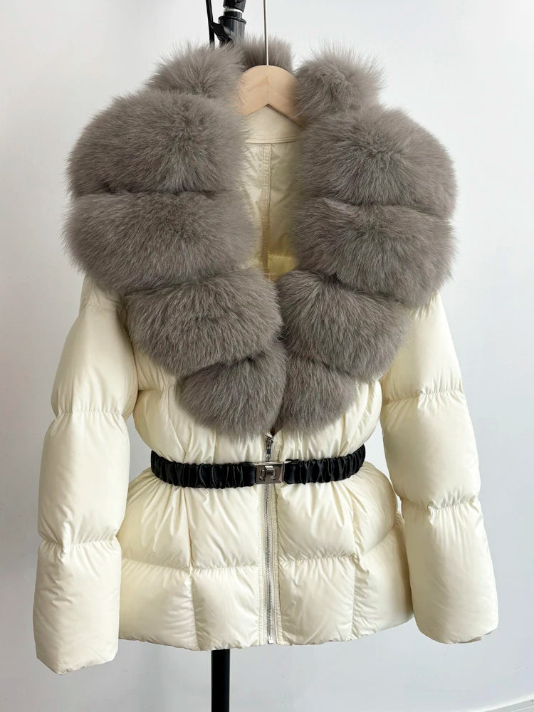 Janveny Super Big Real Fox Fur Winter Women 90% White Duck Down Jacket 2024 Ladies Slim Warm Puffer Coat Female Thick Parkas