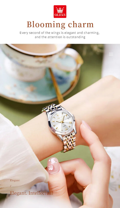 OLEVS Top Brand Women's Watches Elegant Rhombus Mirror Original Quartz Ladies Wristwatch Stainless Steel Waterproof Luminous New