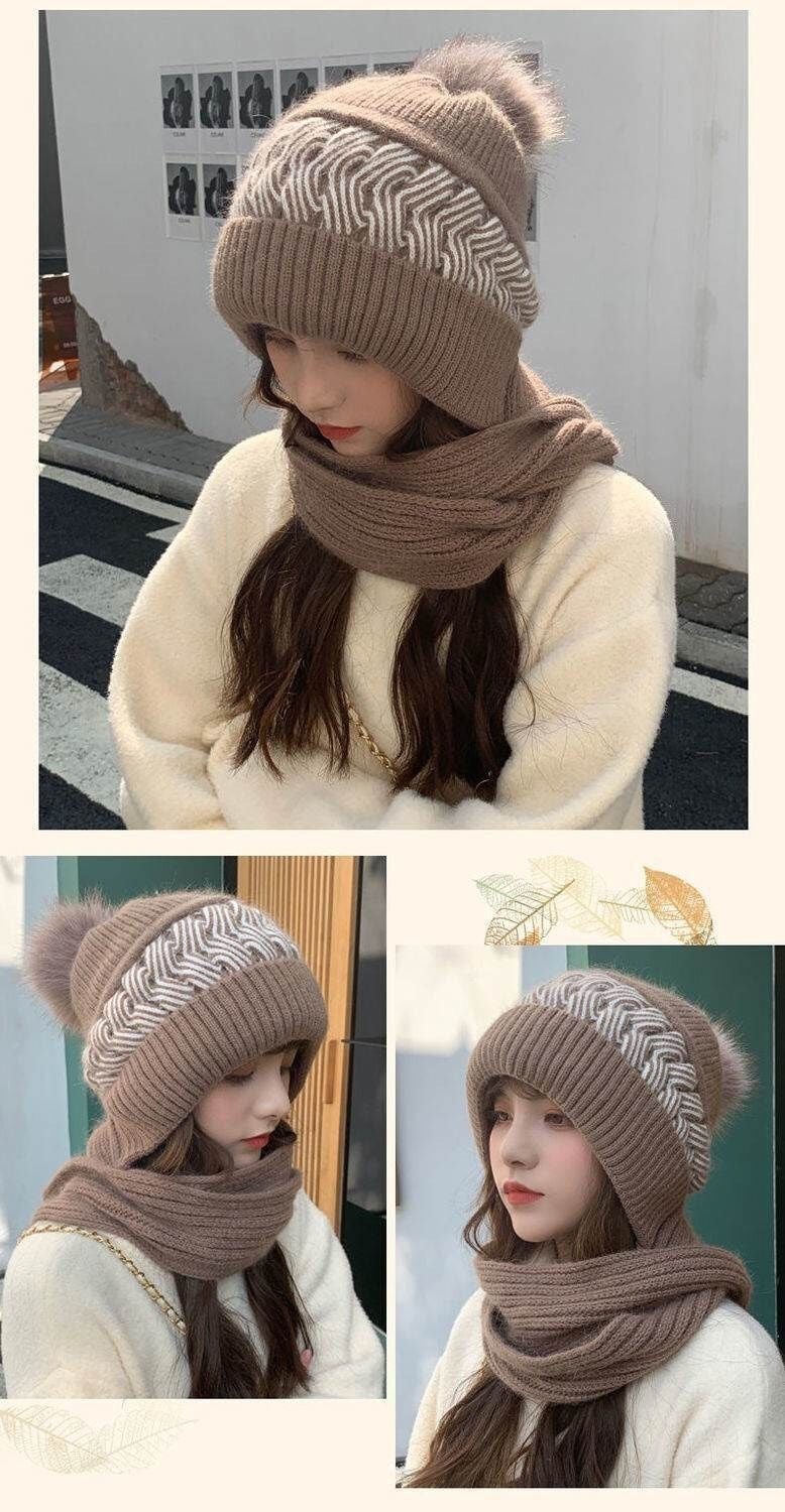 Hat Scarf All-in-one Female Winter Warm Rabbit Hair Knitted Cap Cycling Ear Protection Padded Cute Cold-proof Neck Cap