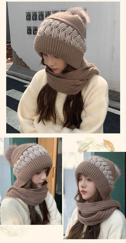 Hat Scarf All-in-one Female Winter Warm Rabbit Hair Knitted Cap Cycling Ear Protection Padded Cute Cold-proof Neck Cap