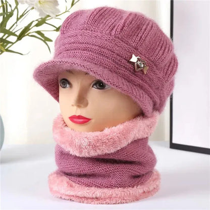 Knitted Hat Women Warm Winter Hats For Women Ladies Beanie Girls Skullies Femme SnapBack Warm Plush Hat Sombrero Mujer Scarf Set