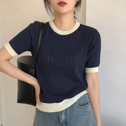 Panelled T-shirts Women Clothing Knitted Vintage Office Lady Simple Summer Work Wear Tender Elegant Fashion Minority Casual 2023