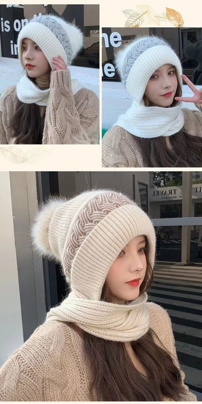 Hat Scarf All-in-one Female Winter Warm Rabbit Hair Knitted Cap Cycling Ear Protection Padded Cute Cold-proof Neck Cap