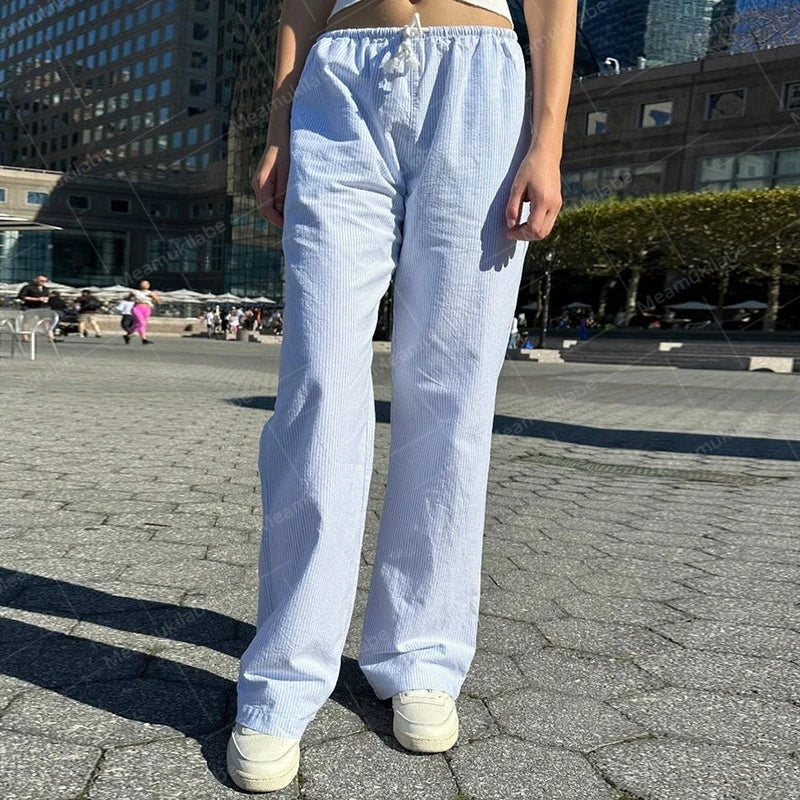 Maemukilabe Comfy Loung Pants Streetwear Tie Up Waist Wide Leg Trousers Y2K Vintage Striped Loose Pants Women Pajamas Sleepwear