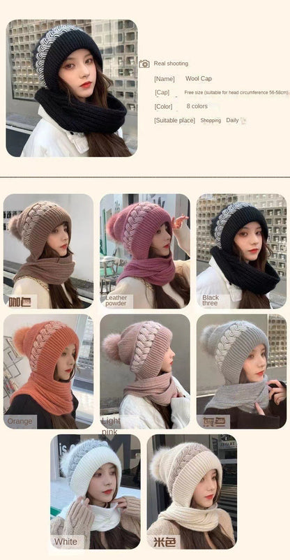 Hat Scarf All-in-one Female Winter Warm Rabbit Hair Knitted Cap Cycling Ear Protection Padded Cute Cold-proof Neck Cap