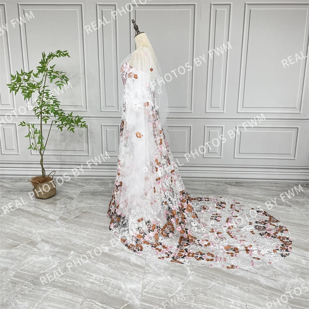 20058# Real Photos Colorful Flowers Embroidery Lace Wedding Dress Strapless Boho Low Back Customized Bridal Gown For Women 2024