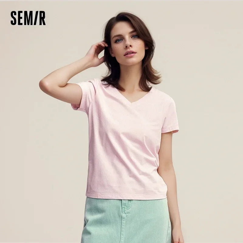 Semir Short Sleeve T-Shirt Women Slim V-Neck Positive Shoulder Simple 2024 New Antibacterial Summer Solid Colour Versatile T shi