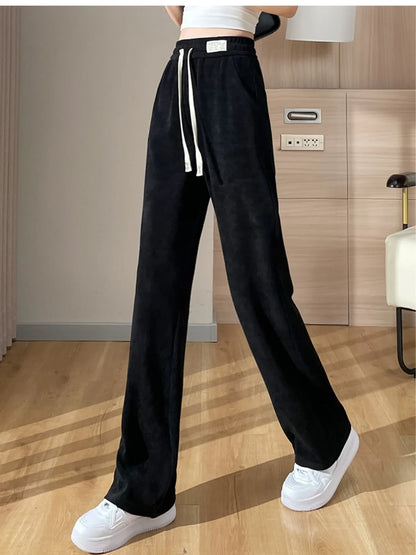 Autumn/winter Women's Chenille Bell Bottoms Fleece-lined Thickened For Petite Women Straight-leg Plus-size Pants