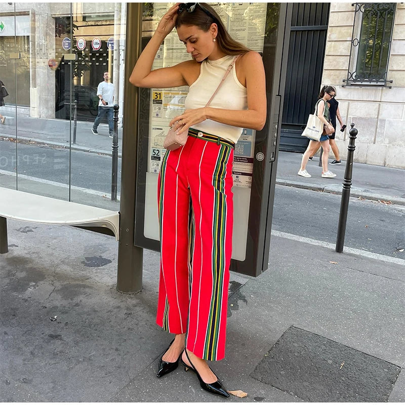 Women's Striped Straight Pants Colors Print Wide Trousers With Zipper Female Casual Pockets High Waist Pant 2024 New Commuting