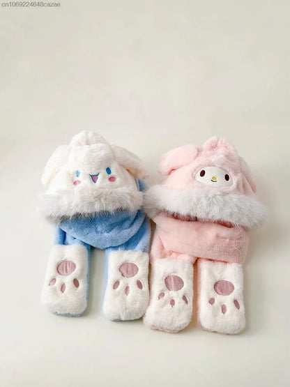 Sanrio Melody Kuromi Cute Y2k Girl Plush Scarf Hooded Children New Warm Gloves Hats Scarves All In One Autumn Winter Accessories