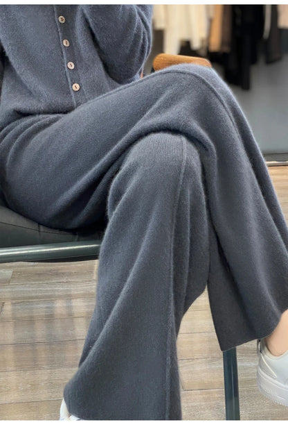 2023 autumn and winter new high-waisted wool mopping pants women's casual wide-leg pants hang out knitted woolen pants