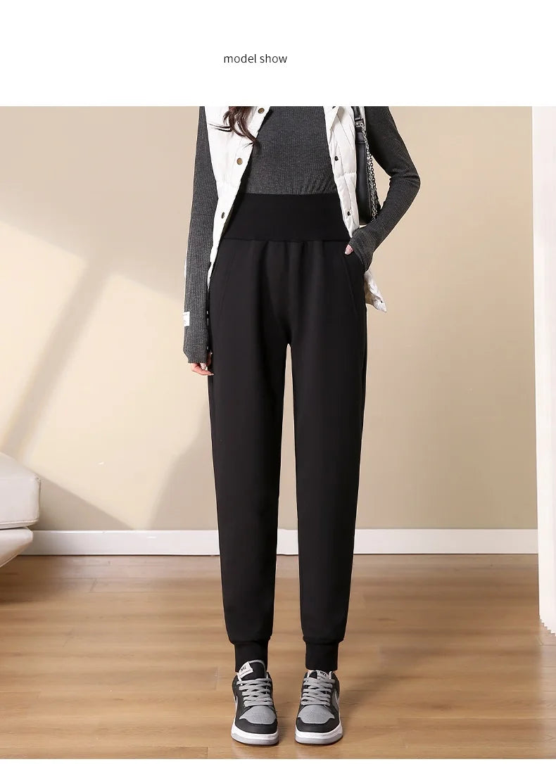 Women Pants Warm Winter Thick Lambskin Cashmere Pants High Waist Black Harem Long Trousers Wool Cold Resistant Pants PELEDRESSS