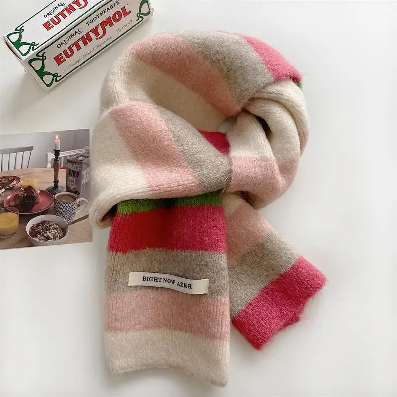 Rainbow Stripes Mohair Scarf Men And Women In Winter Colour Blocking Stripes Wool Short Scarf Students Warm Short Scarf