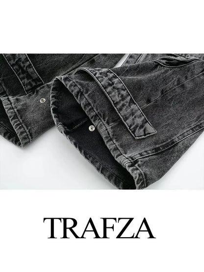 TRAFZA Women's Retro Denim Overalls Fashion High Waist Multi-Pocket Decoration Women's Zipper Trousers American High Street Jean