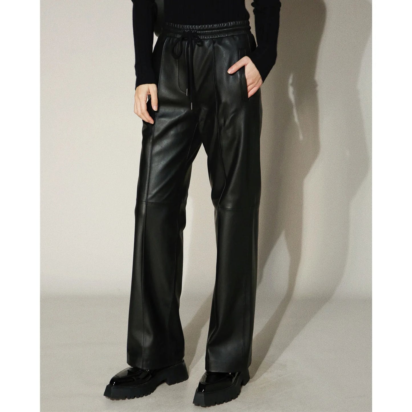 Leather Long Pants Women New Commuter Elastic Waist Drawstring Slim Sheepskin Wide Leg Full Length Straight Cylinder Trousers