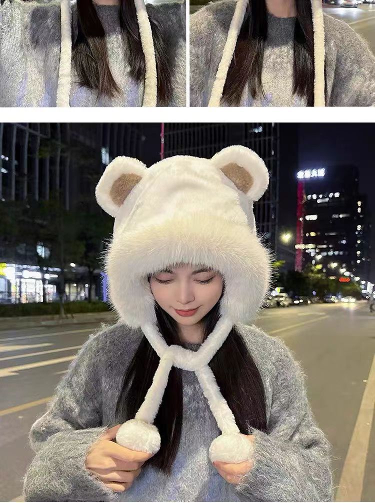 Winter Bear Plush Hat Outdoor Cycling Ear Protection Hat Thickened Warm Hat Casual Fleece Girls Hat Women's Warmth Essentials