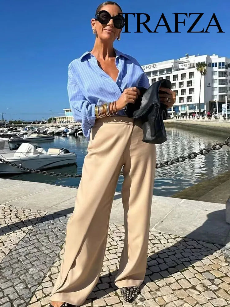 TRAFZA Women Fashion Khaki Elegant Loose Wide Leg Pants Casual Vintage High Waisted Side Zipper Female Long Trousers Streetwear