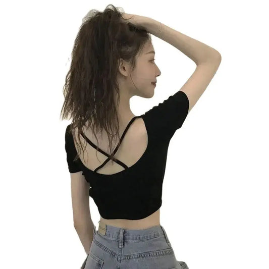 Korean Y2K Fashion Backless T-shirt Women Bandage Crop Top Woman Skinny Summer 90S Vintage INS Tshirts Black Kpop Clothes