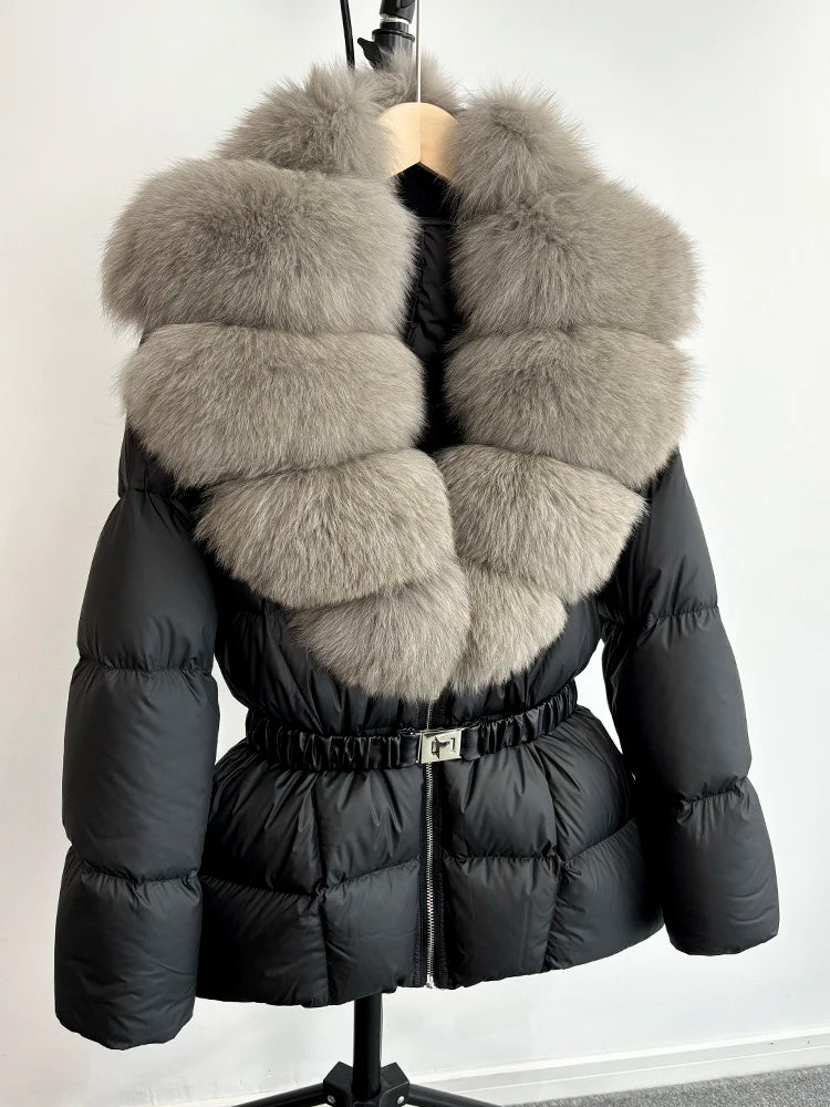 Janveny Super Big Real Fox Fur Winter Women 90% White Duck Down Jacket 2024 Ladies Slim Warm Puffer Coat Female Thick Parkas