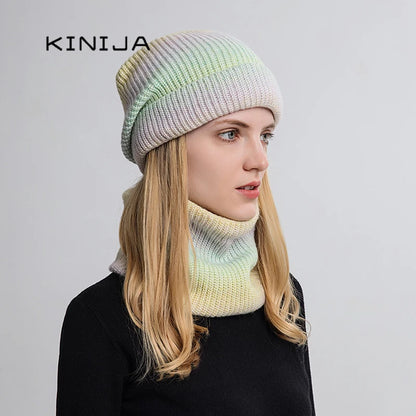 2021 New Women Winter Hat Gradient Striped Ski Hat Neck Warmer Female Tie Dye Beanie russia outdoor thicken plush Hat+Scarf Set