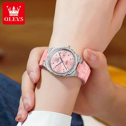 OLEVS 5606 Women's Watches Pink Watch Girl for Women Leather Strap Waterproof Full Diamond Bezel Elegant Ladies' Watches NEW