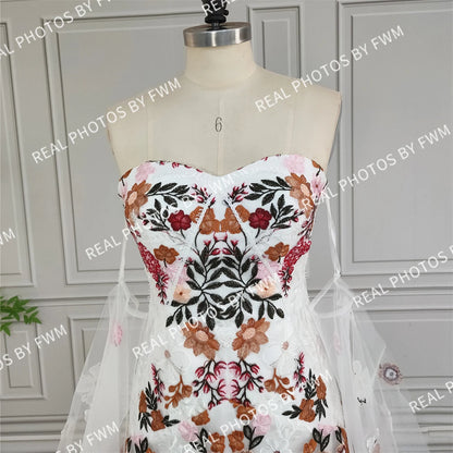 20058# Real Photos Colorful Flowers Embroidery Lace Wedding Dress Strapless Boho Low Back Customized Bridal Gown For Women 2024