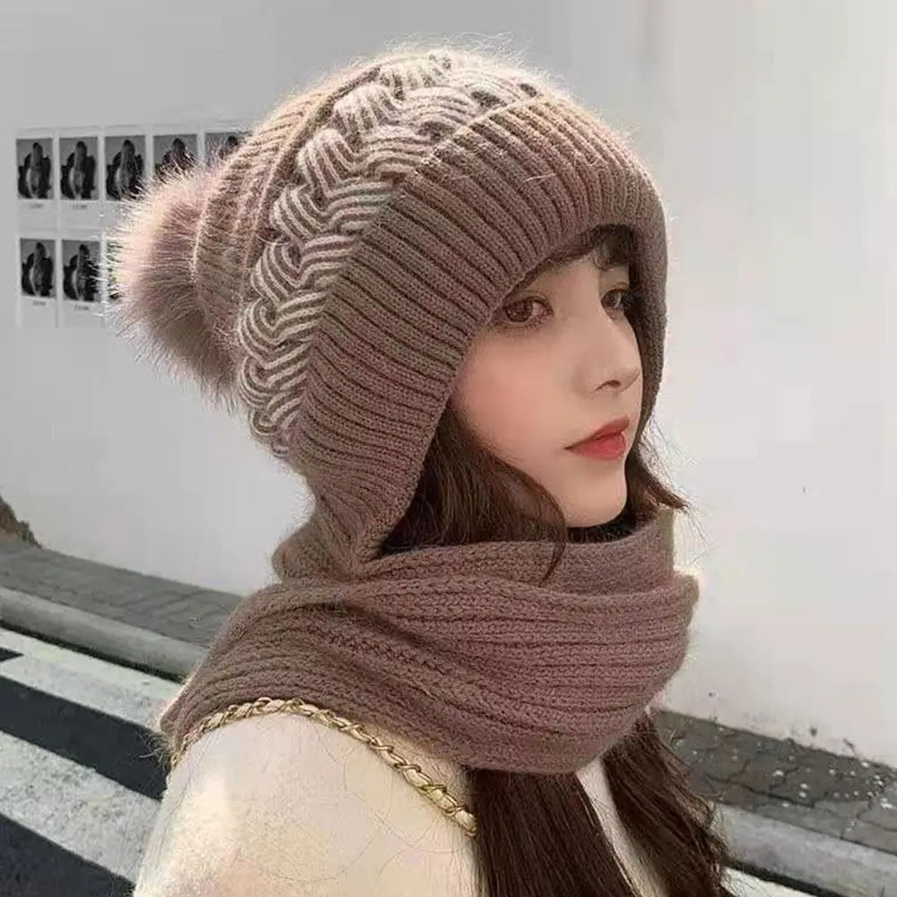 Integrated Ear Protection Windproof Cap Scarf Knitting Thickening Hat Winter Beanie Hat Scarf