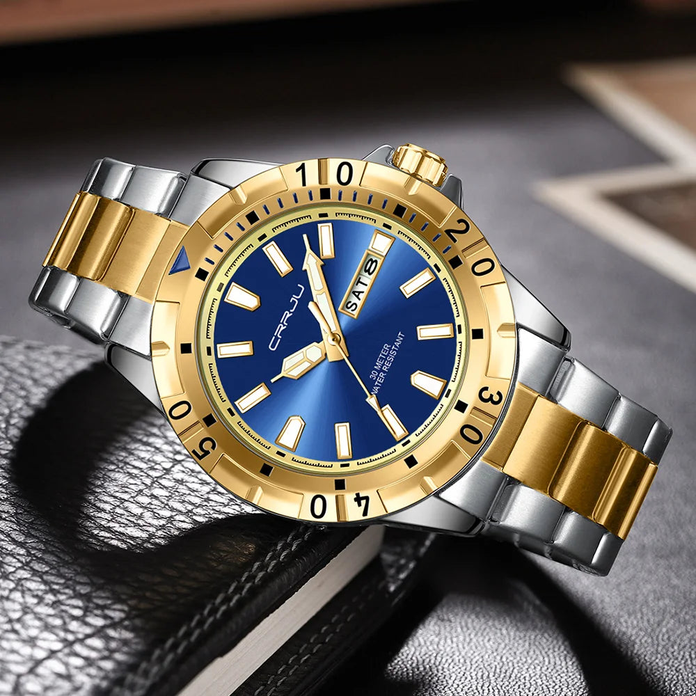 CRRJU Men's Watch,Classic Watches for Men, Waterproof Stainless Steel Roman Numbers Men's Watch Easy to Read Gold watch