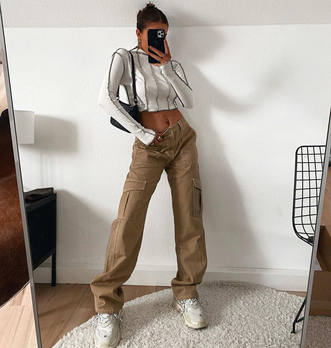 Women Solid Color Cargo Pants High Waist Straight-leg Buckle Jeans with Pockets Khaki Brown Baggy Casual Trousers