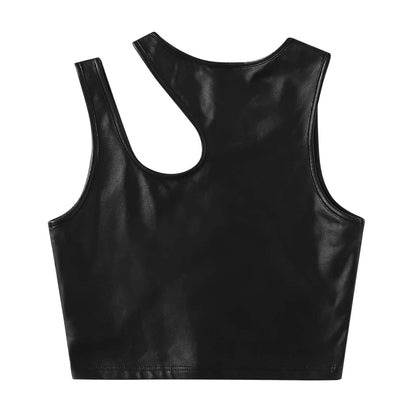 Women's Black Tops Asymmetrical Hollow Out Camisoles PU Leather Bare Midriff Cropped Tops Mujer Slim Fit Streetwear Vest