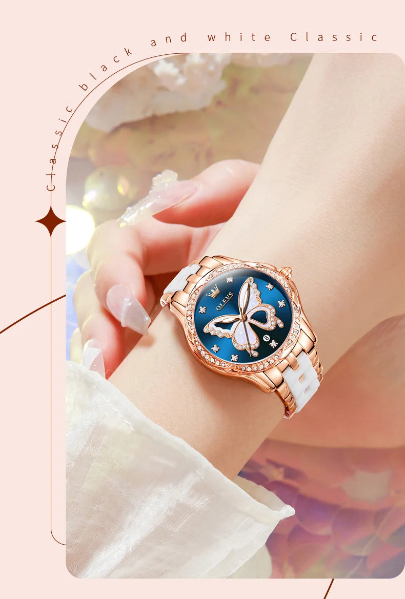 OLEVS Women's Watches Elegant Fashion Dress Original Quartz Wristwatch Butterfly Dial Ceramic Strap Waterproof Luminous Watch