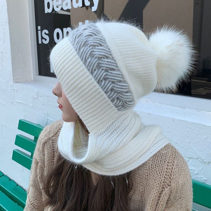 8PCS Hat Scarf All-in-one Female Winter Warm Rabbit Hair Knitted Cap Cycling Ear Protection Padded Cute Cold-proof Neck Cap