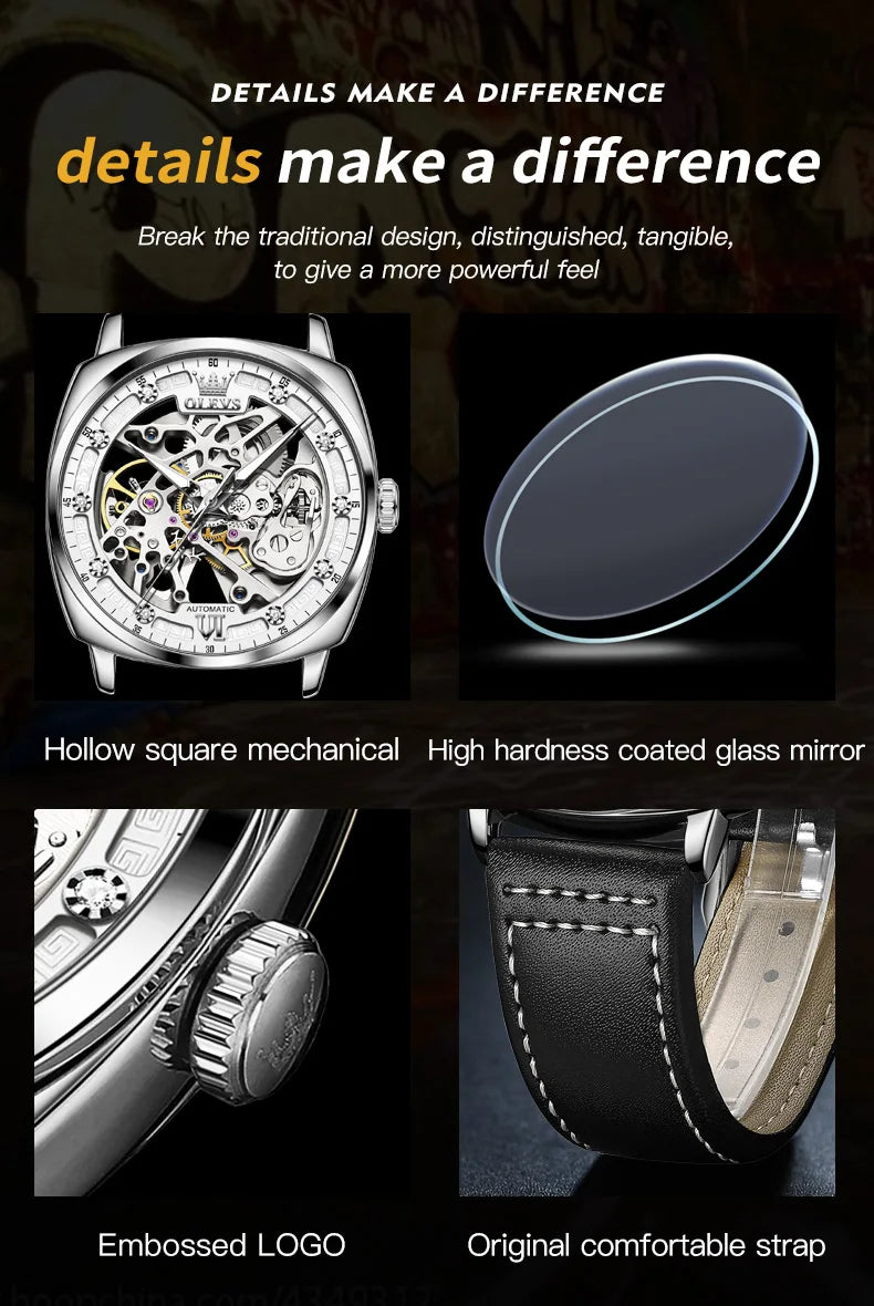 OLEVS 6651 Original Men's Automatic Watches Fashion Casual Tonneau PUNK Style Hollow Out Mechanical Writwatch Luxury Man Watch