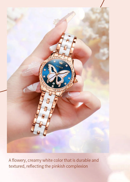 OLEVS 5610 Women's Watches Diamond Butterfly Design Dial Ceramic Strap Waterproof New Fashion Young Girl's Watches Set Gift