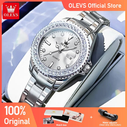 OLEVS Women's Watches Top Brand Original Quartz Ladies Watch Luxury Bezel Diamond Wristwatch Waterproof Enlarge Date Gift Set