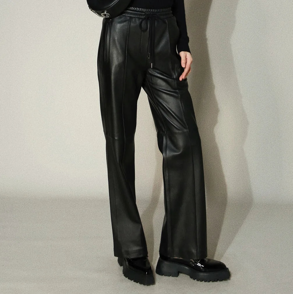 Leather Long Pants Women New Commuter Elastic Waist Drawstring Slim Sheepskin Wide Leg Full Length Straight Cylinder Trousers