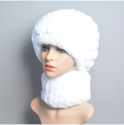 Women Knit Real Rex Rabbit Fur Hat Scarf Sets Natural Warm Rex Rabbit Fur Scarves Hat Winter Lady Real Rex Rabbit Fur Hat Scarf