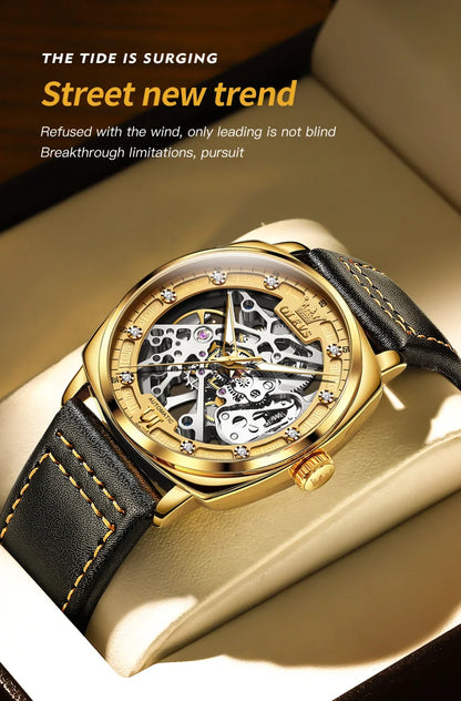 OLEVS 6651 Classic Automatic Mechanical Watch For Men Hollow Skeleton Luxury Leather Wrist Watches Waterproof Luminous Man Watch