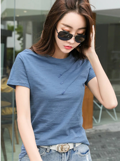 Summer Women Tee-Shirts Button Ribbed Cotton Top Loose Fashion T-shirts Women Streetwear Short Sleeve O-Neck Korean Tops