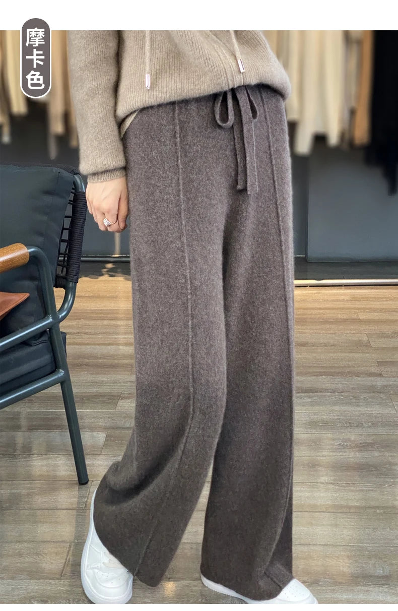 2023 autumn and winter new high-waisted wool mopping pants women's casual wide-leg pants hang out knitted woolen pants