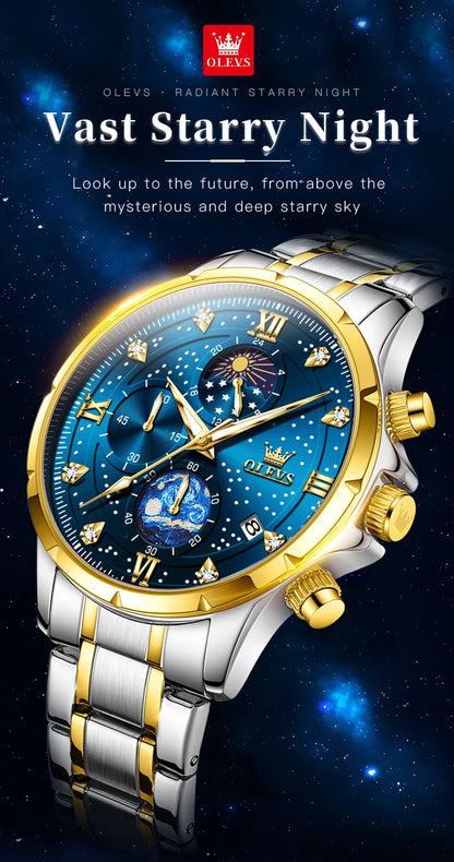 OLEVS 9807 New Man Watch Starry Sky Moon Phase Chronograph Waterproof Luminous Auto Date Hand Clock Luxury Quartz Watch for Men