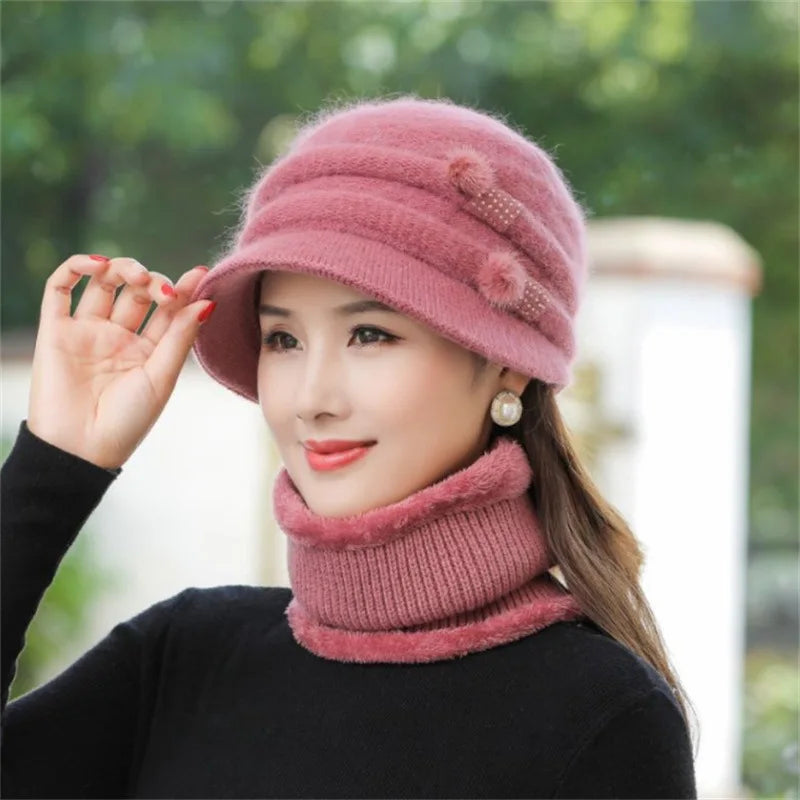 Women Winter Hat Keep Warm Cap Add Fur Lined CAPS And Scarf Set Warm For Female Casual Rabbit Fur Winter Knitted Bonnet