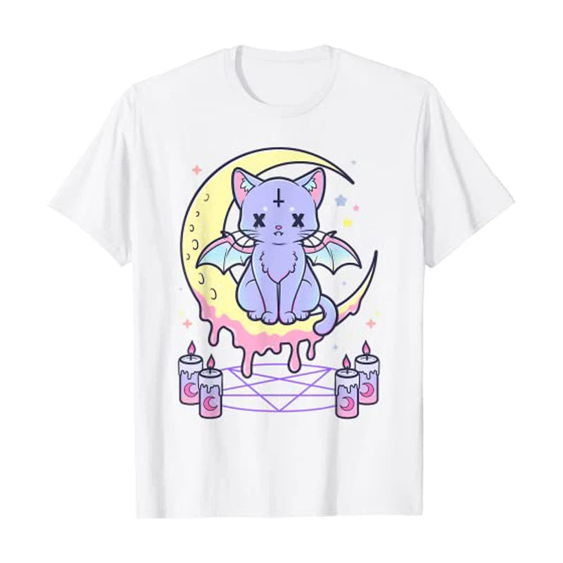 Kawaii Pastel Goth Cute Creepy Black Cat Tshirt Women Summer XS-4XL Tops Creative Pattern Personalized Street Tee Y2k