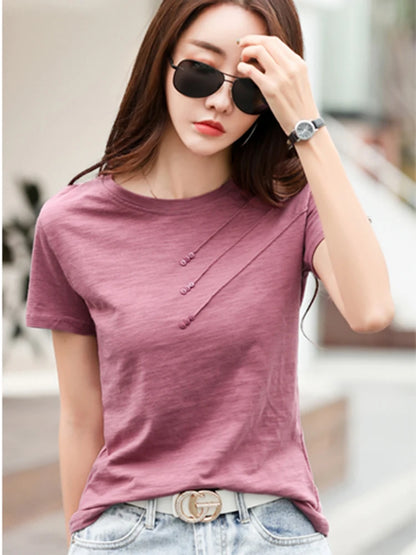 Summer Women Tee-Shirts Button Ribbed Cotton Top Loose Fashion T-shirts Women Streetwear Short Sleeve O-Neck Korean Tops