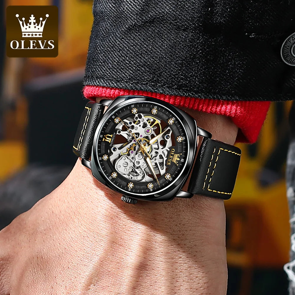 OLEVS 6651 Classic Automatic Mechanical Watch For Men Hollow Skeleton Luxury Leather Wrist Watches Waterproof Luminous Man Watch