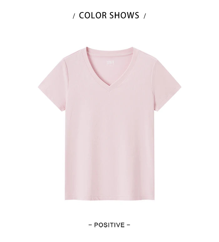 Semir Short Sleeve T-Shirt Women Slim V-Neck Positive Shoulder Simple 2024 New Antibacterial Summer Solid Colour Versatile T shi